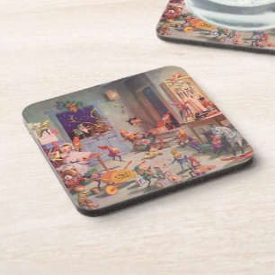 Vintage Kerstmis, kerstman met Elves Workshop Bier Onderzetter