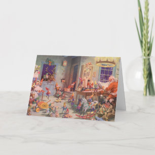 Vintage Kerstmis, kerstman met Elves Workshop Feestdagen Kaart