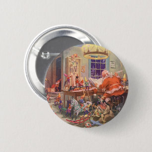Vintage Kerstmis, kerstman met Elves Workshop Ronde Button 5,7 Cm