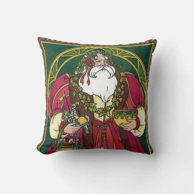 Vintage Kerstmis, kerstman met Holly Leaves Kussen (Voorkant)