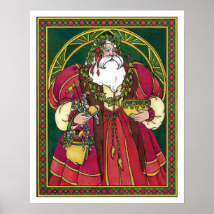 Vintage Kerstmis, kerstman met Holly Leaves Poster