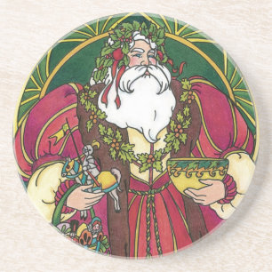 Vintage Kerstmis, kerstman met Holly Leaves Zandsteen Onderzetter