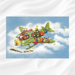Vintage Kerstmis, kerstman vliegend vliegtuig Poster