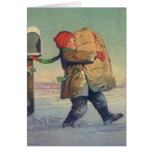 Vintage Kerstmis, kind met groot pakket