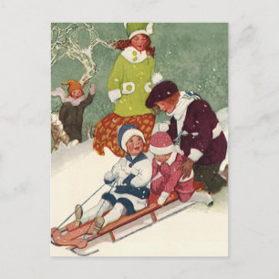 Vintage Kerstmis, kinderen die in de sneeuw slapen Feestdagenkaart