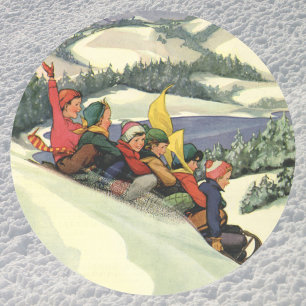 Vintage Kerstmis, kinderen die op een berg slapen Ronde Sticker