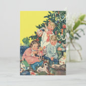 Vintage Kerstmis, Kinderen met Cadeauuitnodiging Kaart (Staand voorkant)