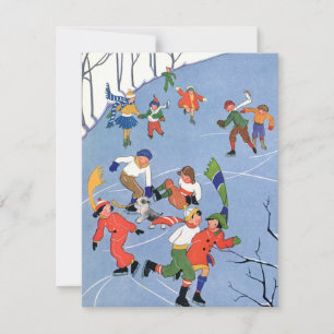 Vintage Kerstmis, kinderen schaatsen uitnodiging