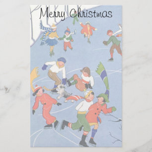 Vintage Kerstmis, Kinderijs Skating op een meer Briefpapier