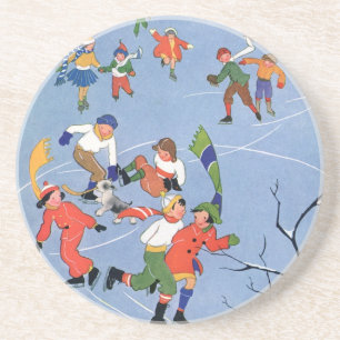 Vintage Kerstmis, Kinderijs Skating op een meer Zandsteen Onderzetter