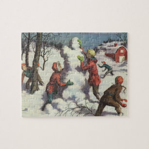 Vintage Kerstmis, Kindersneeuwbalgevecht Legpuzzel