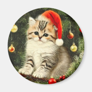 Vintage Kerstmis Kitten Magneet