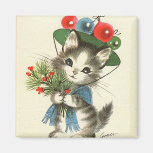 Vintage Kerstmis Kitten Magneet