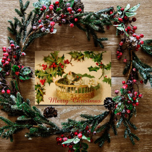 Vintage Kerstmis Kittens slapen met Berries Feestdagenkaart