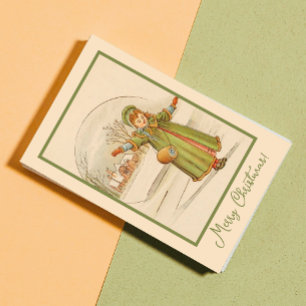 Vintage Kerstmis Landscape Baby Girl Green Dress Feestdagenkaart