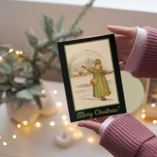 Vintage Kerstmis Landscape Baby Girl Green Dress Feestdagenkaart