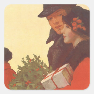 Vintage kerstmis, liefde en Romance Gift Shopping Vierkante Sticker