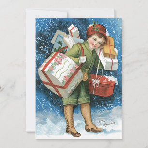 Vintage Kerstmis, meisje met cadeautjes op winters Kaart