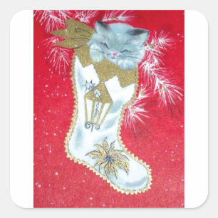 Vintage Kerstmis Mid Century Pastel Kitten Vierkante Sticker