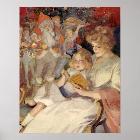 Vintage Kerstmis, moeder leest slaapverhaal Poster (Voorkant)