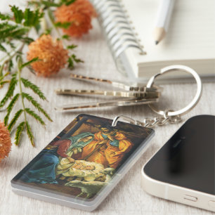 Vintage Kerstmis Nativiteit, Baby Jezus in Manger Sleutelhanger