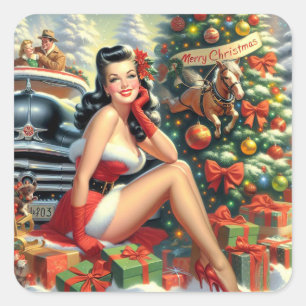 Vintage Kerstmis Pin-up Vierkante Sticker