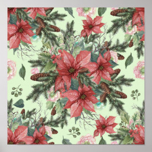 Vintage Kerstmis Poinsettia Flowers en Pinecones Poster