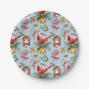 Vintage Kerstmis Rood Bird Pine Holly Candy Cane Papieren Bordje