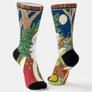 Vintage Kerstmis, Santa Claus Deer in Forest Sokken