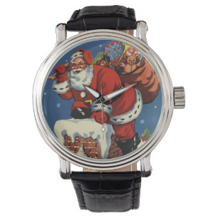 Vintage Kerstmis, Santa Claus Down Chimney w Toys Horloge