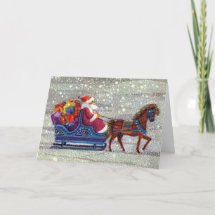 Vintage Kerstmis, Santa Claus Horse Open Sleigh Feestdagen Kaart
