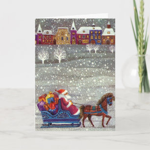 Vintage Kerstmis, Santa Claus Horse Open Sleigh Feestdagen Kaart