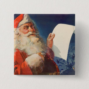 Vintage Kerstmis, Santa Claus Naughty Nice List Vierkante Button 5,1 Cm