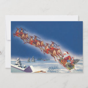 Vintage-kerstmis, Santa Flying Sleigh Invitation Kaart