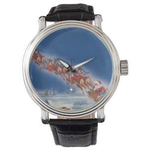 Vintage Kerstmis, Santa Flying Sleigh w Reindeer Horloge