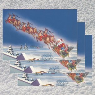 Vintage Kerstmis, Santa Flying Sleigh w Reindeer Inpakpapier Vel
