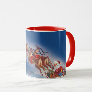Vintage Kerstmis, Santa Flying Sleigh w Reindeer Mok