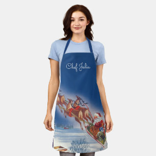 Vintage Kerstmis, Santa Flying Sleigh w Reindeer Schort