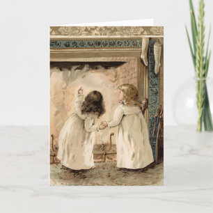 Vintage Kerstmis schoorsteen Kousen Meisjes Blank Feestdagen Kaart