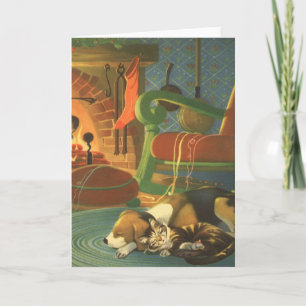 Vintage Kerstmis, Slaapende Dieren door Fireplace Feestdagen Kaart