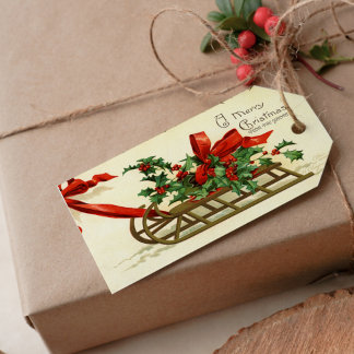 Vintage Kerstmis Sleigh groeten Cadeaulabel