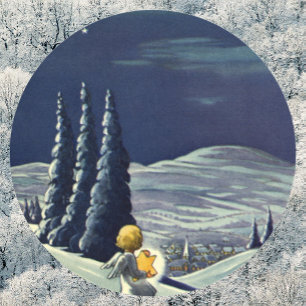 Vintage Kerstmis, Sneeuwengel die met een ster loo Ronde Sticker