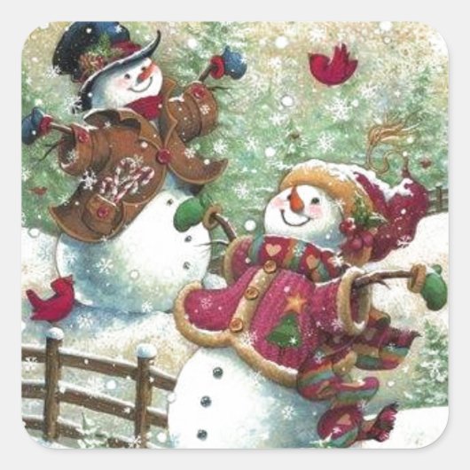 Vintage Kerstmis Snowmen Vierkante Sticker (Voorkant)