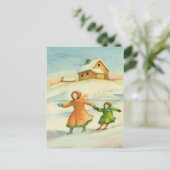 Vintage Kerstmis, spelende kinderen Feestdagenkaart (Staand voorkant)