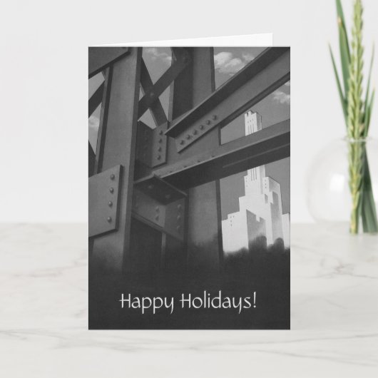 Vintage Kerstmis, staalconstructie Skyscrapers Feestdagen Kaart (Voorkant)