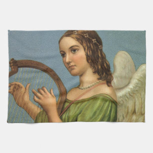 Vintage Kerstmis, Victoriaans Angel met Music Harp Theedoek