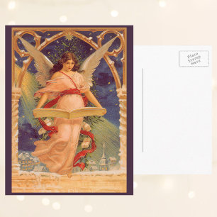 Vintage Kerstmis, Victoriaans Angel Reading Bijbel Feestdagenkaart