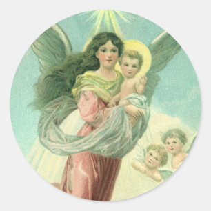 Vintage Kerstmis, Victoriaans engel met Baby Jezus Ronde Sticker
