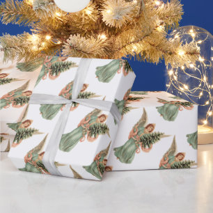 Vintage Kerstmis, Victoriaans engel met boom Cadeaupapier