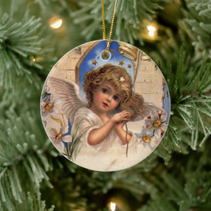 Vintage Kerstmis, Victoriaans engel met goudcellen Keramisch Ornament